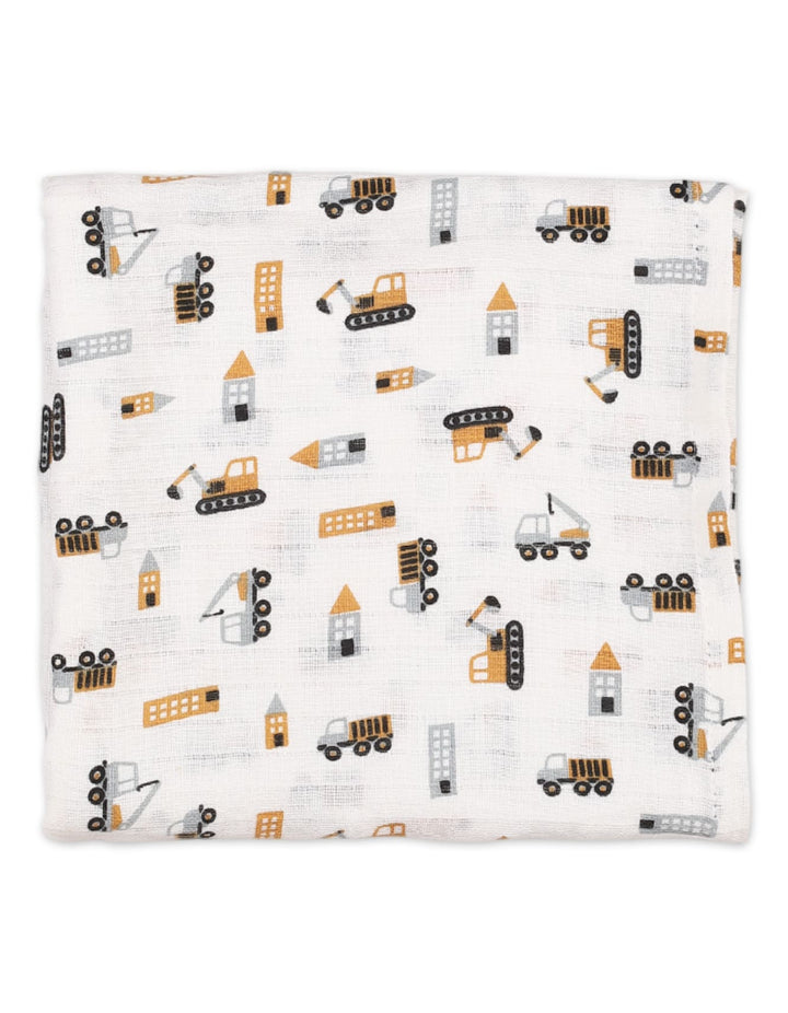 Muslin Sheets Pack of 2 Bambies Vehicles White and Mustard at Zubaidas Best Online Baby Store in Pakistan