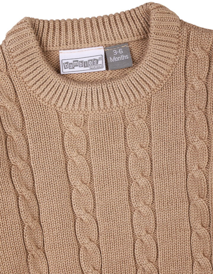 Newborn Baby Boys Winter Sweaters Knitted Cable Knit Pattern Bambies Light Brown at Zubaidas Pakistan