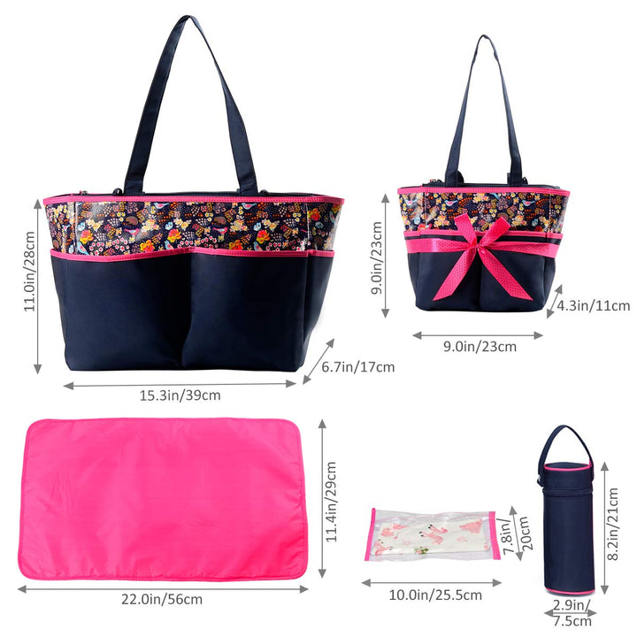 Bambies Amber Tote Diaper Bags 5 Pieces Set - Pink & Navy at Zubaidas Official™ Pakistan