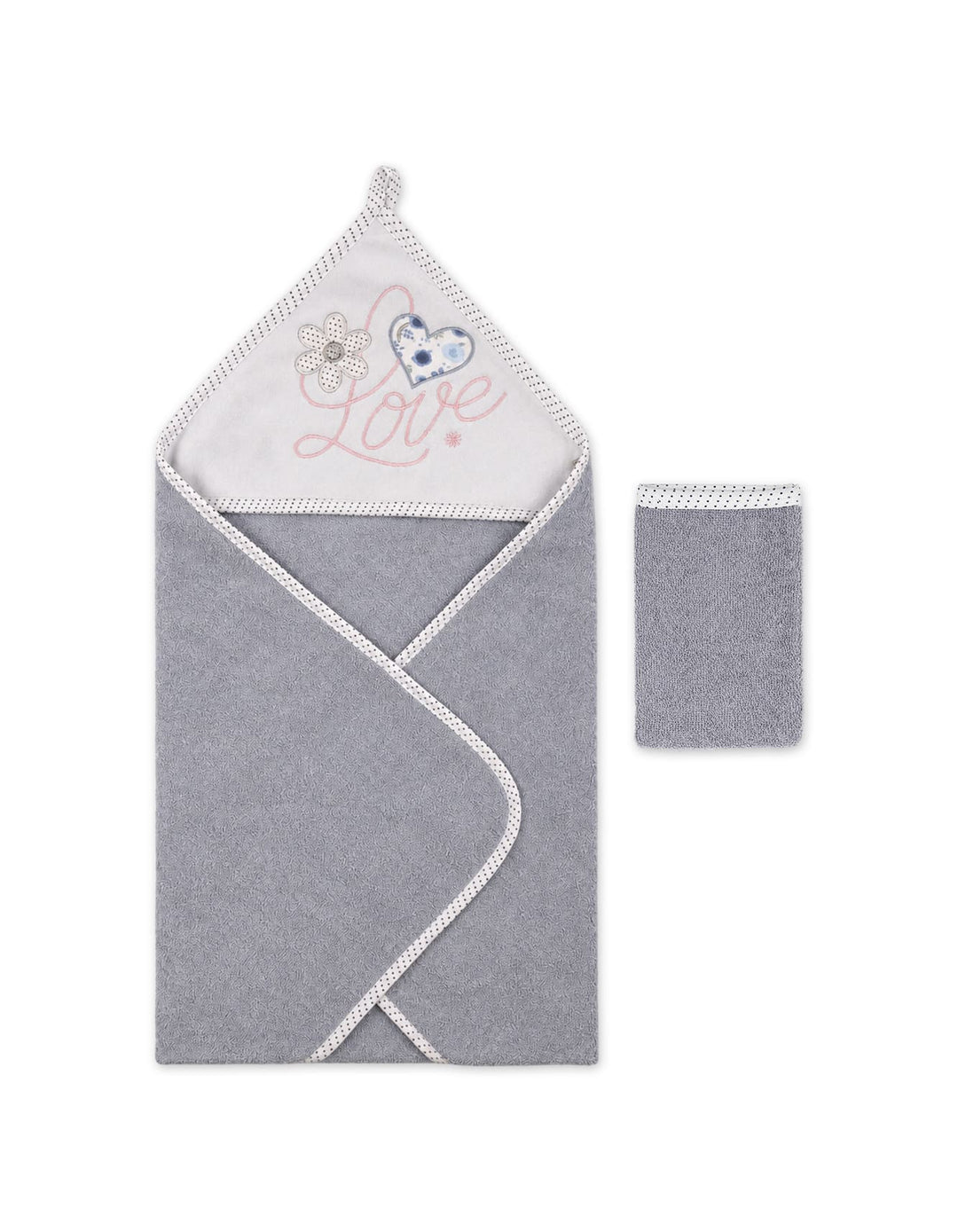 Newborn Bath Towel Hooded Love and Heart Grey and Off White at Zubaidas