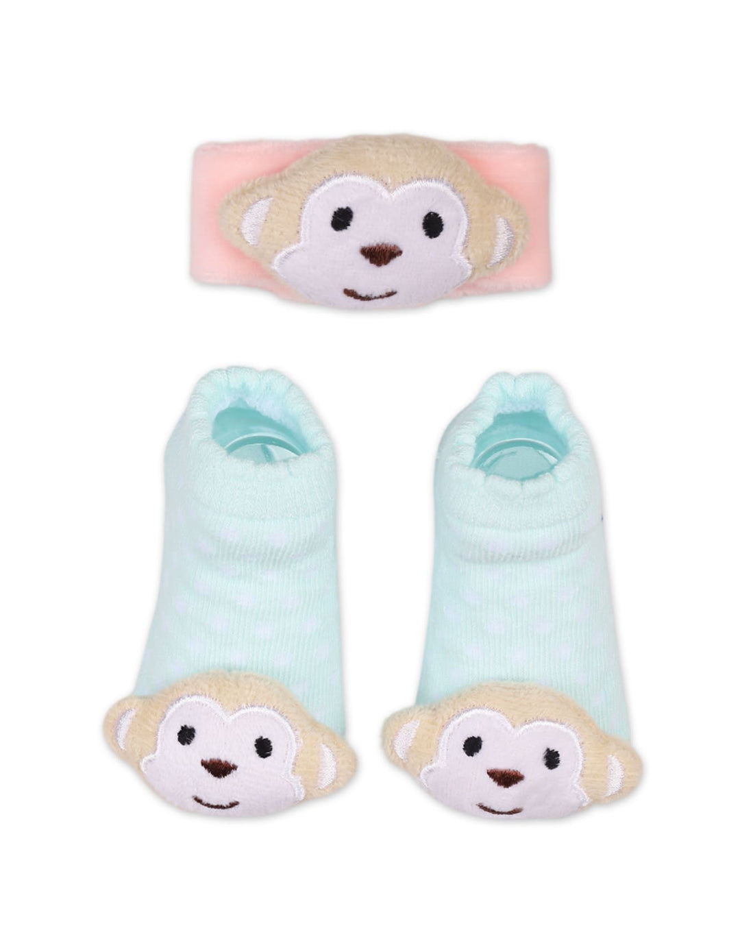 Newborn Booties with Wrist Rattle Band Monkey Green and Beige at Zubaidas