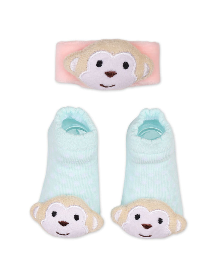 Newborn Booties with Wrist Rattle Band Monkey Green and Beige at Zubaidas