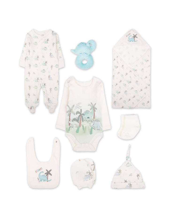 Newborn Boy Clothing Gift Set 8 Pcs Dino Adventure Light Blue and White at Zubaidas