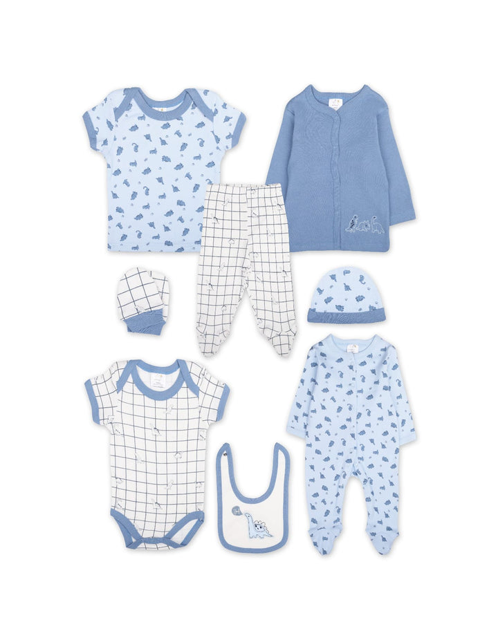 Newborn Boy Clothing Gift Set 8 Pcs Dino Blue and White at Zubaidas