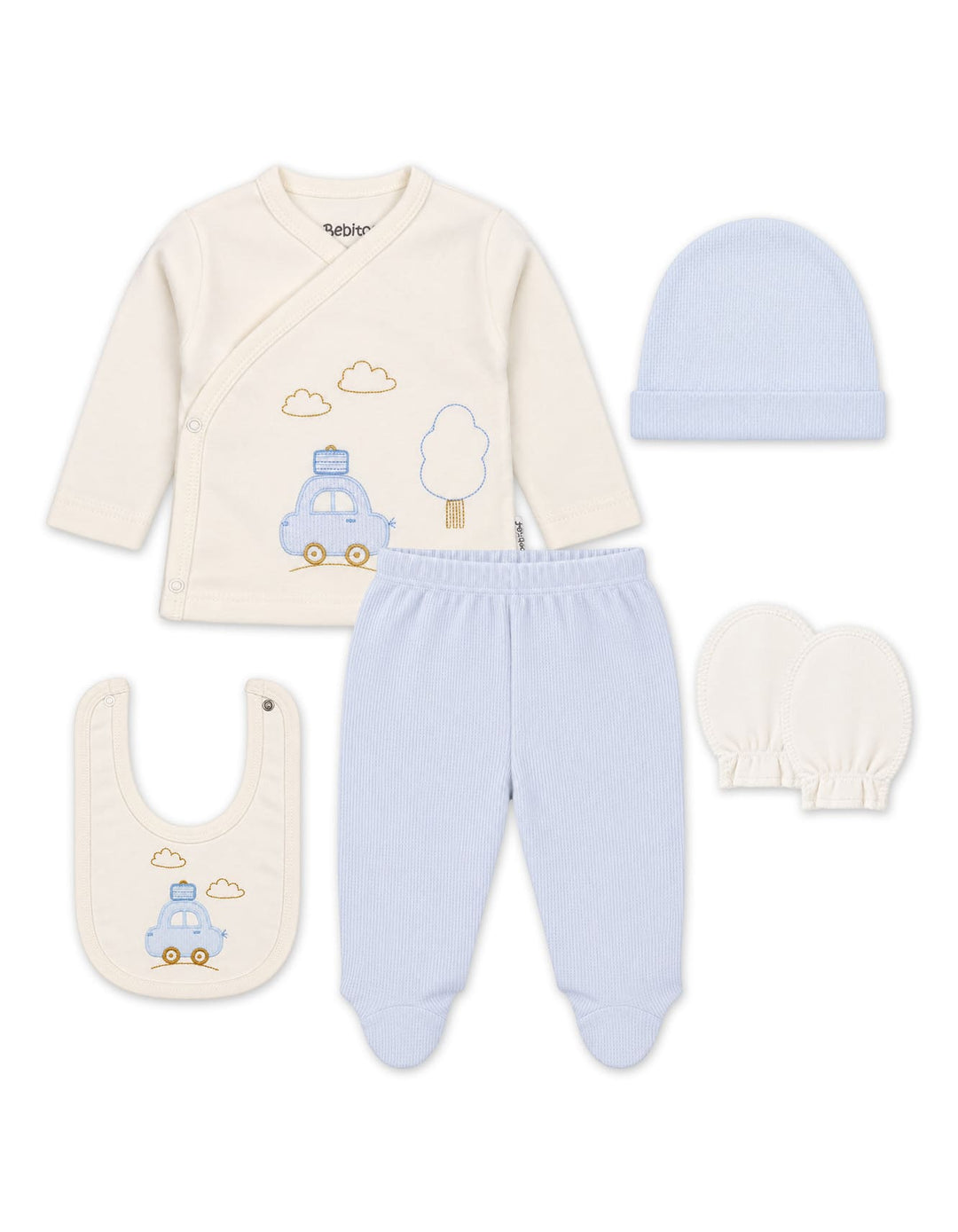 Newborn Boy Gift Set 5 Pcs Car Off White and Light Blue at Zubaidas