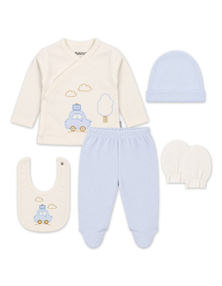 Newborn Boy Gift Set 5 Pcs Car Off White and Light Blue at Zubaidas