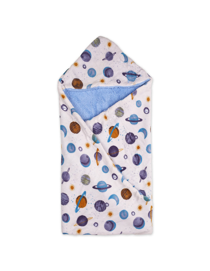 Newborn Boy Hooded Swaddle Blanket Space Print White and Blue at Zubaidas