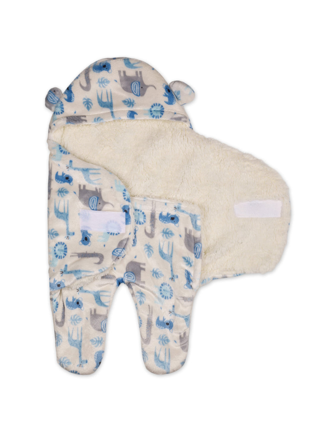 Newborn Boy Hooded Swaddle Safari Blue and White at Zubaidas