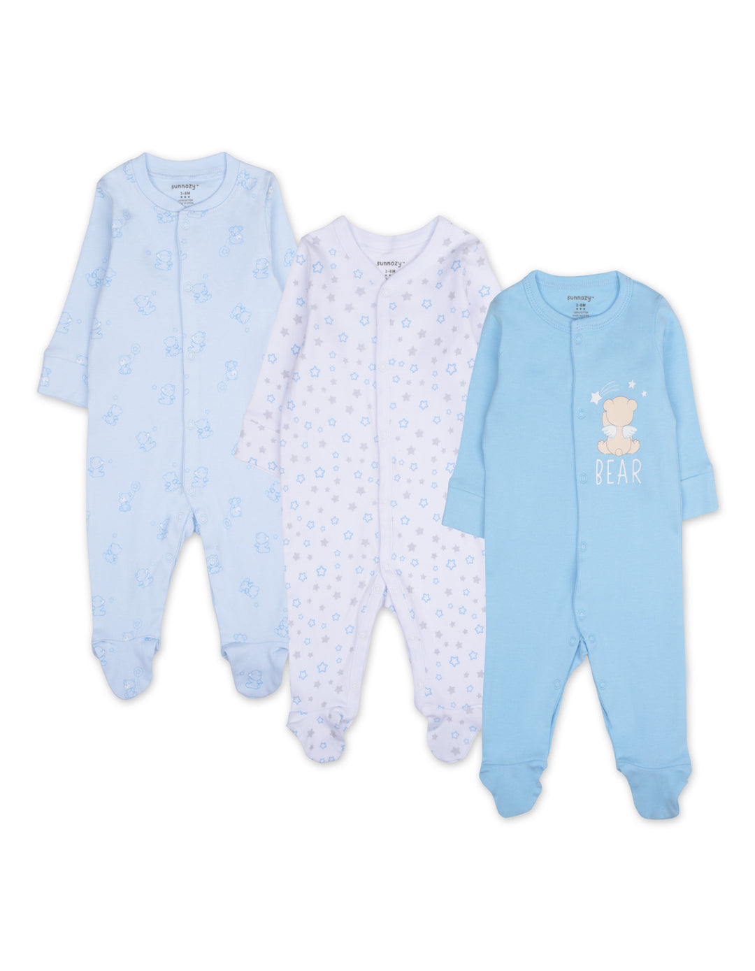 Newborn Boy Sleepsuit Pack of 3 Bear and Stars Blue at Zubaidas