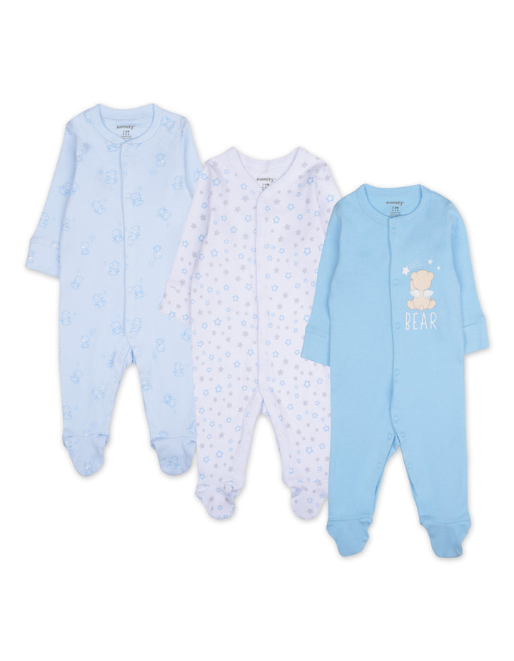 Newborn Boy Sleepsuit Pack of 3 Bear and Stars Blue at Zubaidas
