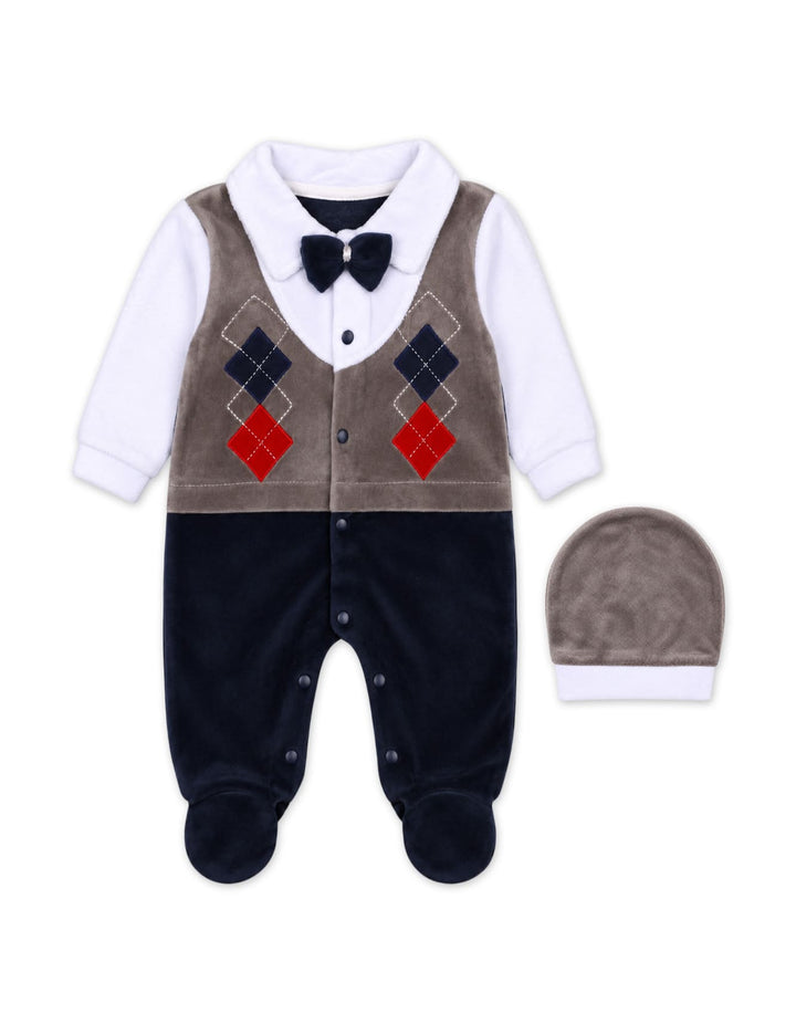 Newborn Boy Winter Romper with Cap Grey and Navy Blue at Zubaidas