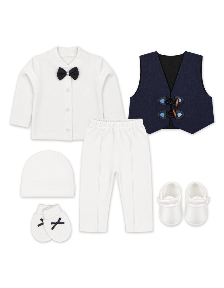 Newborn Boys Formal Outfit 6 Pcs Gift Set White and Navy Blue at Zubaidas