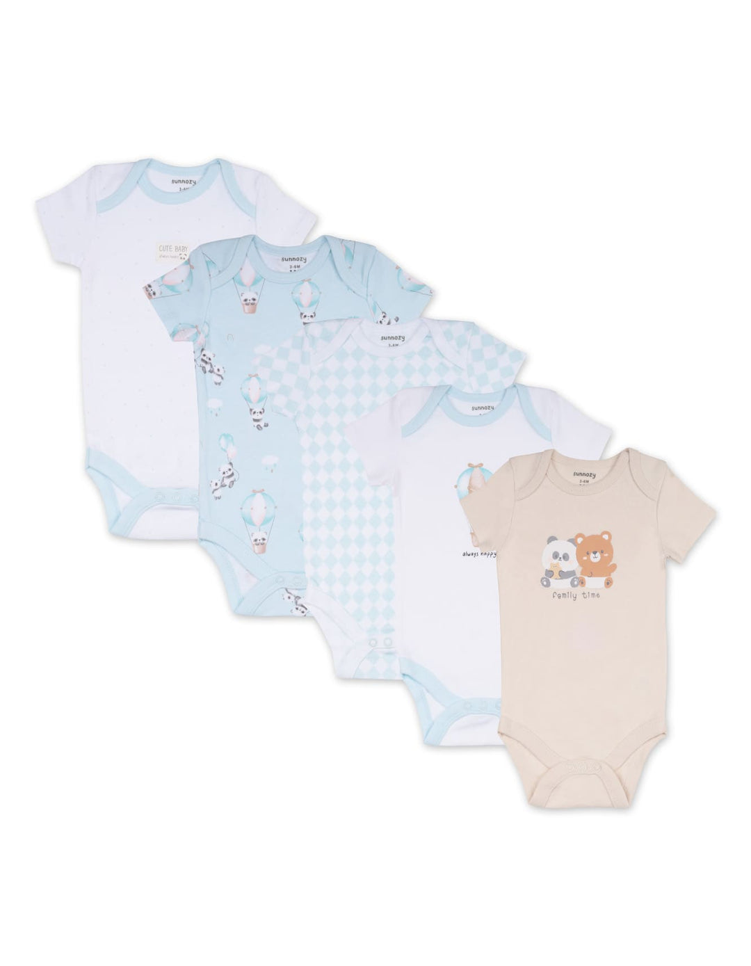 Newborn Boys Short Sleeve Bodysuits Pack of 5 Panda and Bear Print at Zubaidas