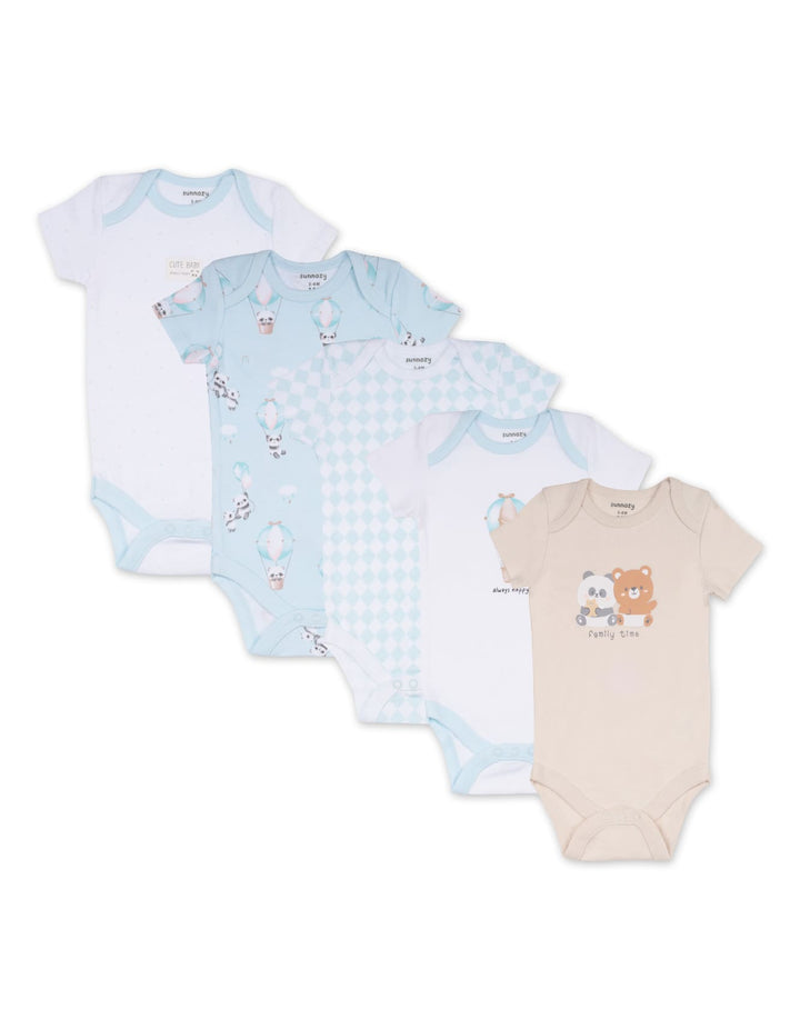 Newborn Boys Short Sleeve Bodysuits Pack of 5 Panda and Bear Print at Zubaidas