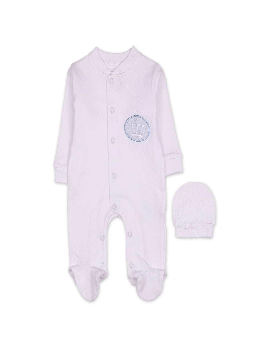 Newborn Boys Winter Romper with Cap Crown Applique White at Zubaidas