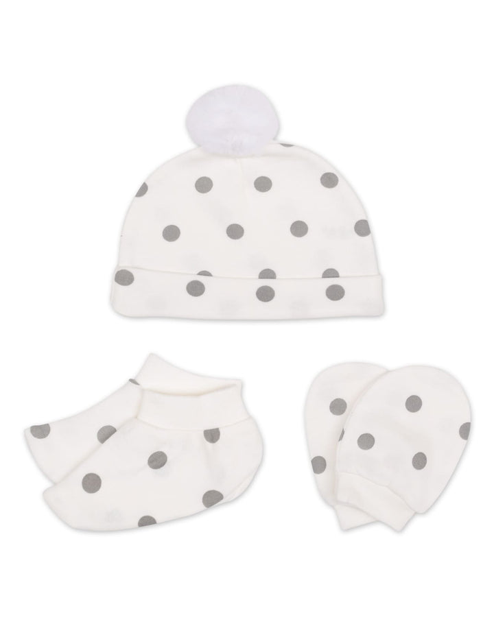 Newborn Cap Mittens and Booties Set Grey Polka Dots White at Zubaidas