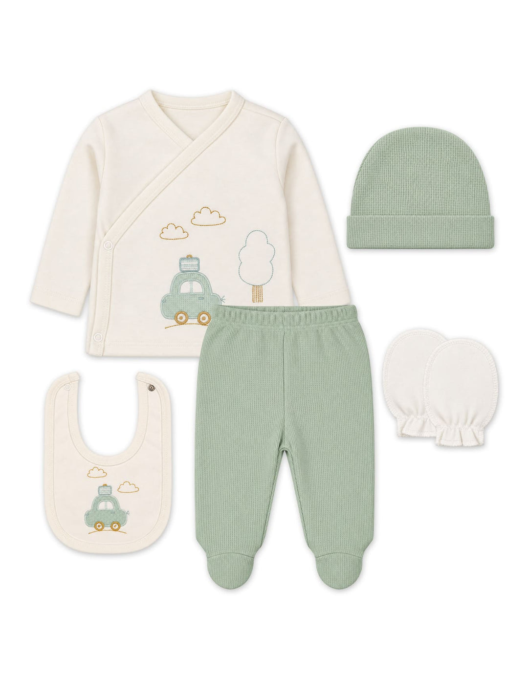 Newborn Clothing Gift Set 5 Pcs Car Off White and Mint Green at Zubaidas