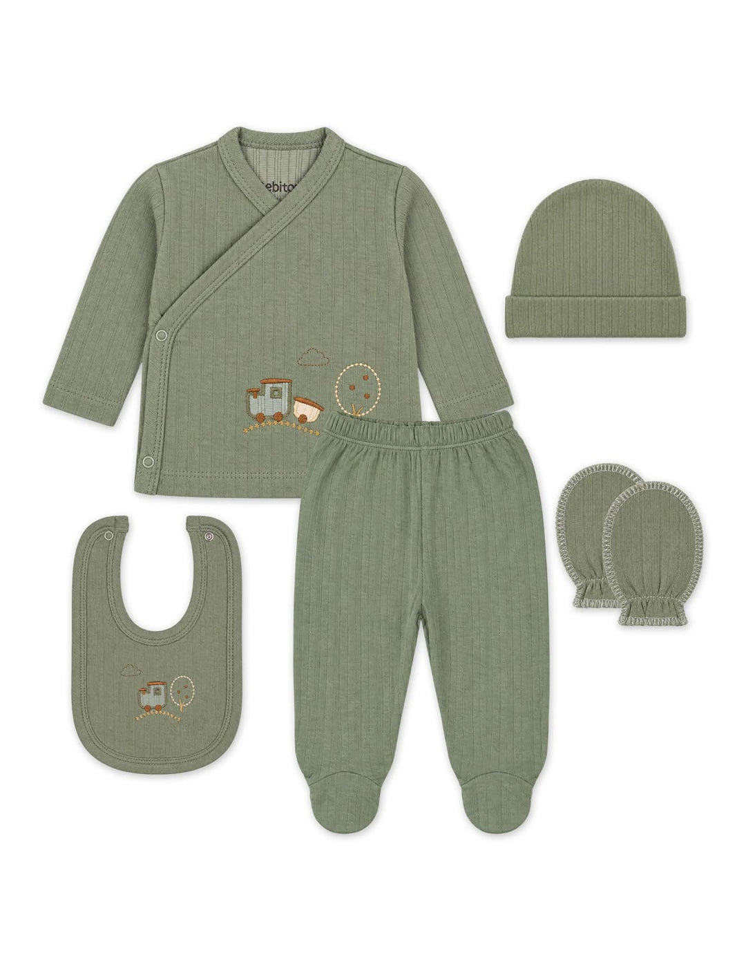 Newborn Clothing Gift Set 5 Pcs Train and Tree Olive Green at Zubaidas