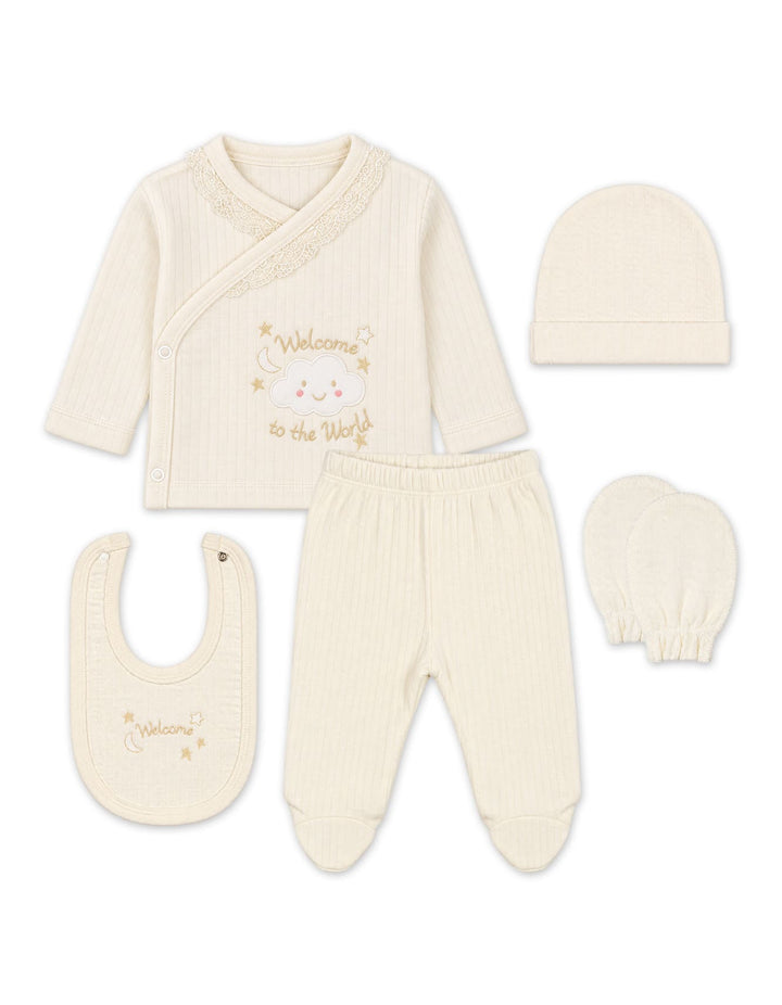 Newborn Clothing Gift Set 5 Pcs Welcome to the World Off White at Zubaidas