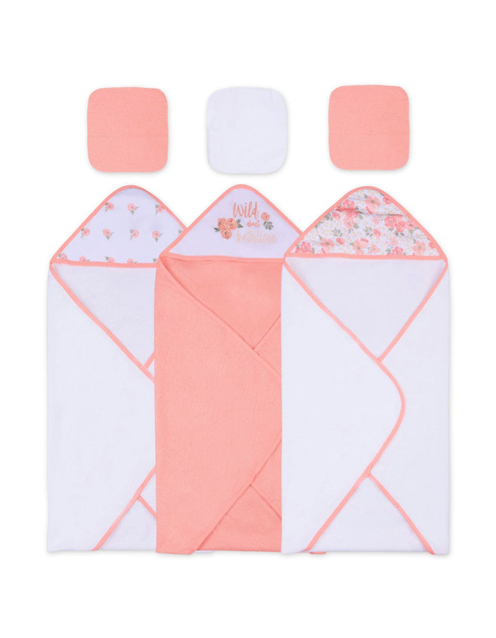 Newborn Girl Bath Towel and Washcloth Set Floral Peach and White at Zubaidas