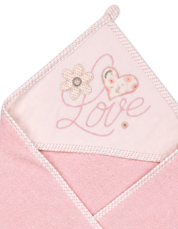 Newborn Girl Bath Towel Hooded Love and Heart Pink and Off White at Zubaidas Online Pakistan