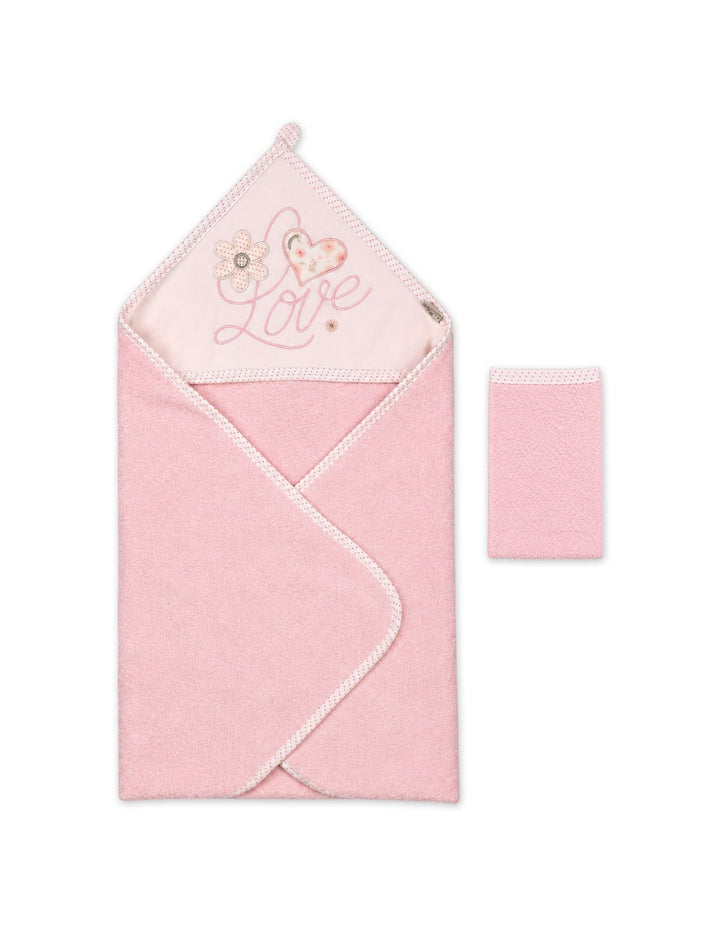 Newborn Girl Bath Towel Hooded Love and Heart Pink and Off White at Zubaidas