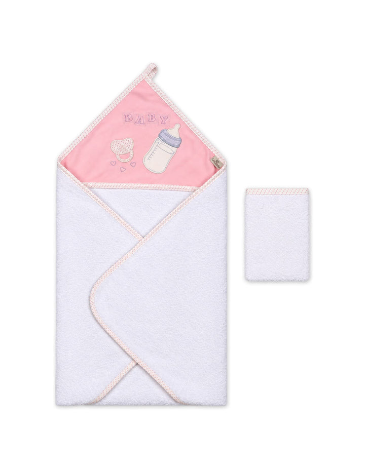 Newborn Girl Bath Towel Hooded White and Pink at Zubaidas
