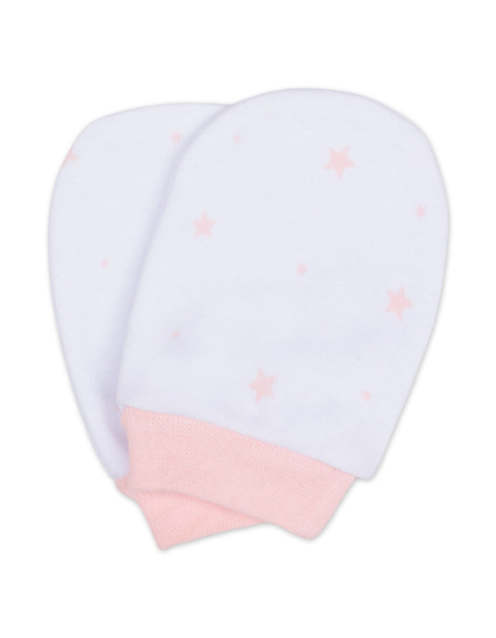 Newborn Girl Cap Mittens and Booties Set Peach Stars White at Zubaidas Online Pakistan