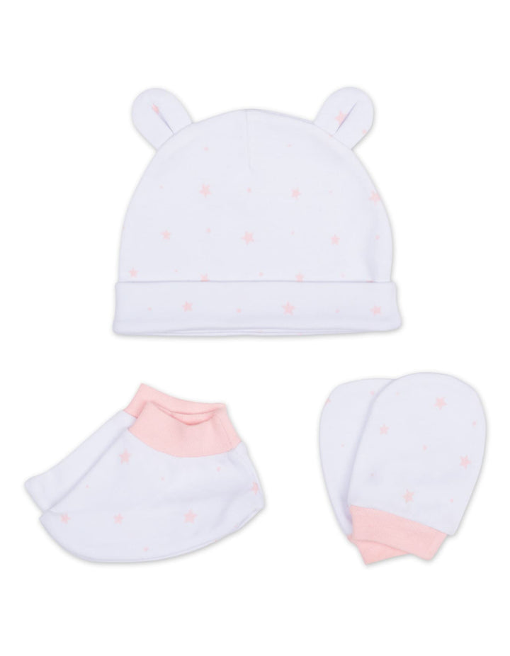 Newborn Girl Cap Mittens and Booties Set Peach Stars White at Zubaidas