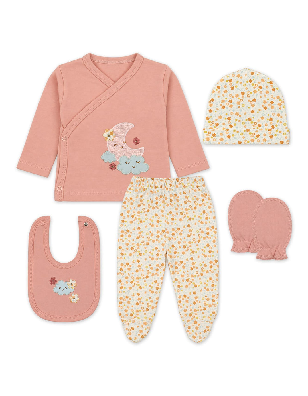 Newborn Girl Gift Set 5 Pcs Moon and Clouds Pink and Floral at Zubaidas