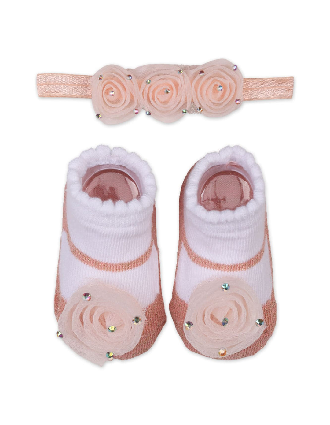 Newborn Girl Headband and Socks Set Floral Peach at Zubaidas