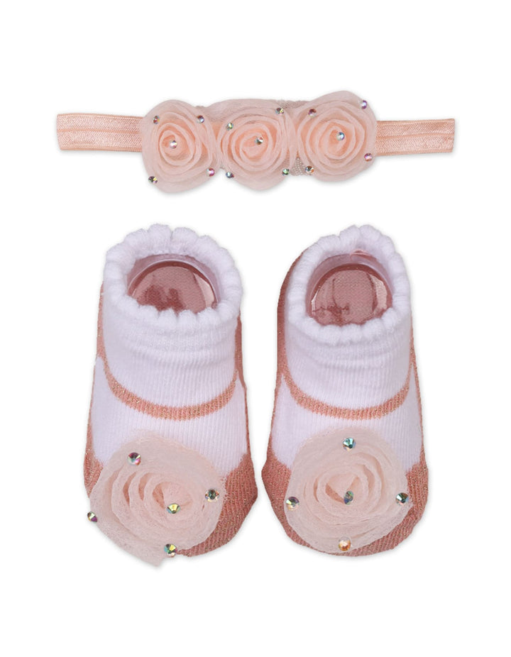 Newborn Girl Headband and Socks Set Floral Peach at Zubaidas