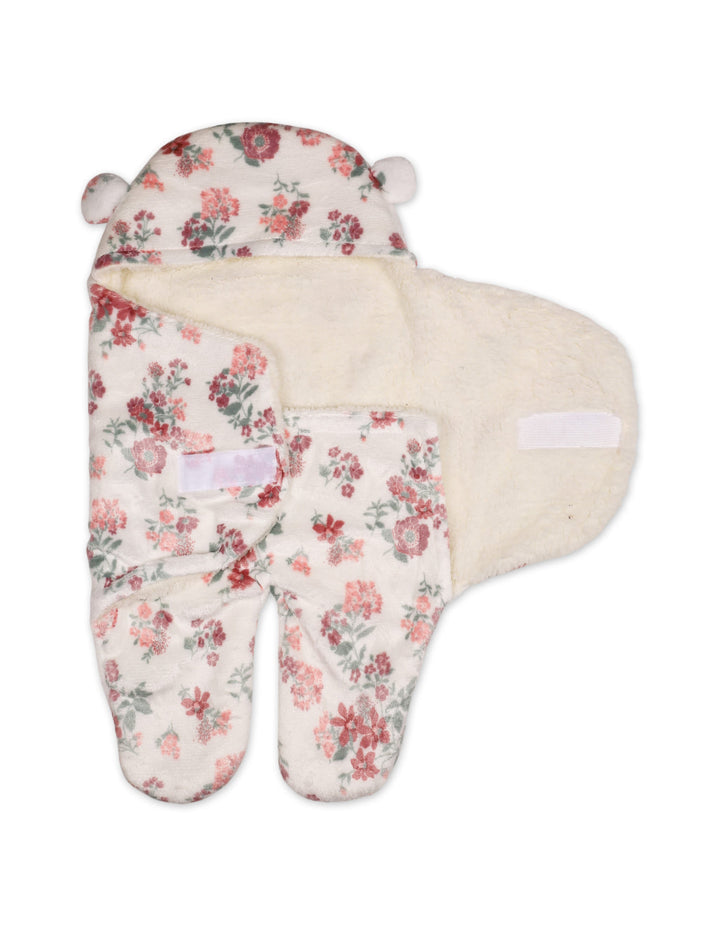 Newborn Girl Hooded Swaddle Floral Red and White at Zubaidas