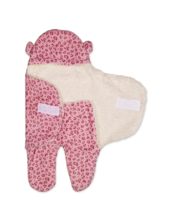 Newborn Girl Hooded Swaddle Leopard Pink and White at Zubaidas