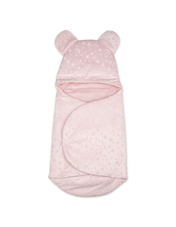 Newborn Girl Hooded Swaddle Wrap Star and Moon Pink at Zubaidas