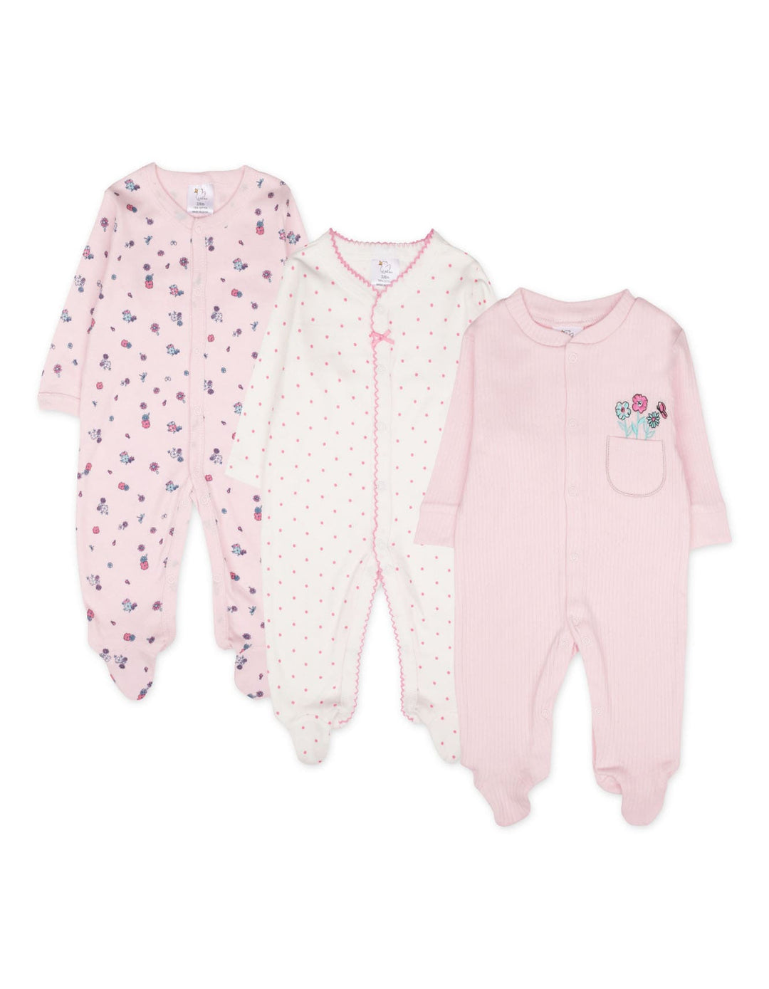 Newborn Girl Sleepsuit Pack of 3 Floral Print and Polka Dot at Zubaidas