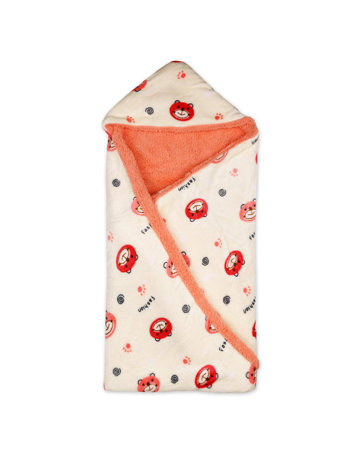 Newborn Hooded Swaddle Blanket Bear Print Cream and Peach at Zubaidas