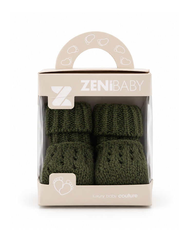 Newborn Knitted Booties Olive Green at Zubaidas