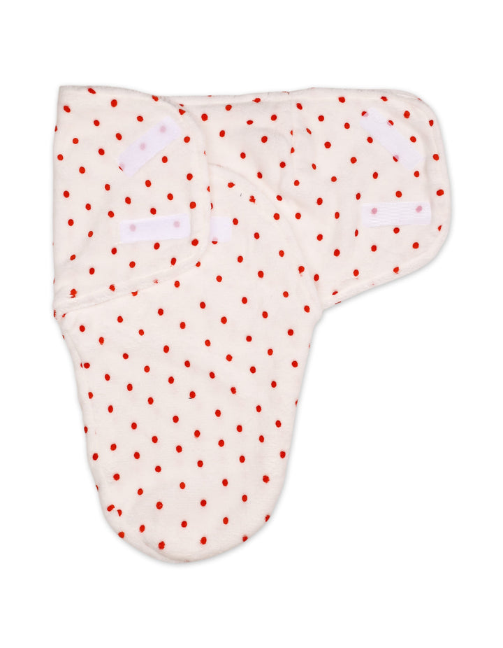 Newborn Plush Swaddle Wrap with Velcro Closure Red Polka Dots at Zubaidas