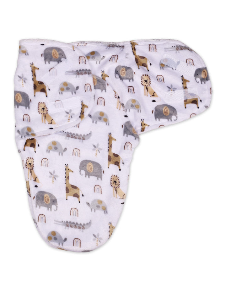 Newborn Plush Swaddle Wrap with Velcro Closure Safari at Zubaidas