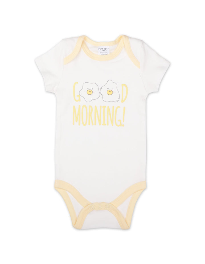 Newborn Short Sleeve Bodysuits Pack of 3 Good Morning! Yellow and White at Zubaidas Online Pakistan
