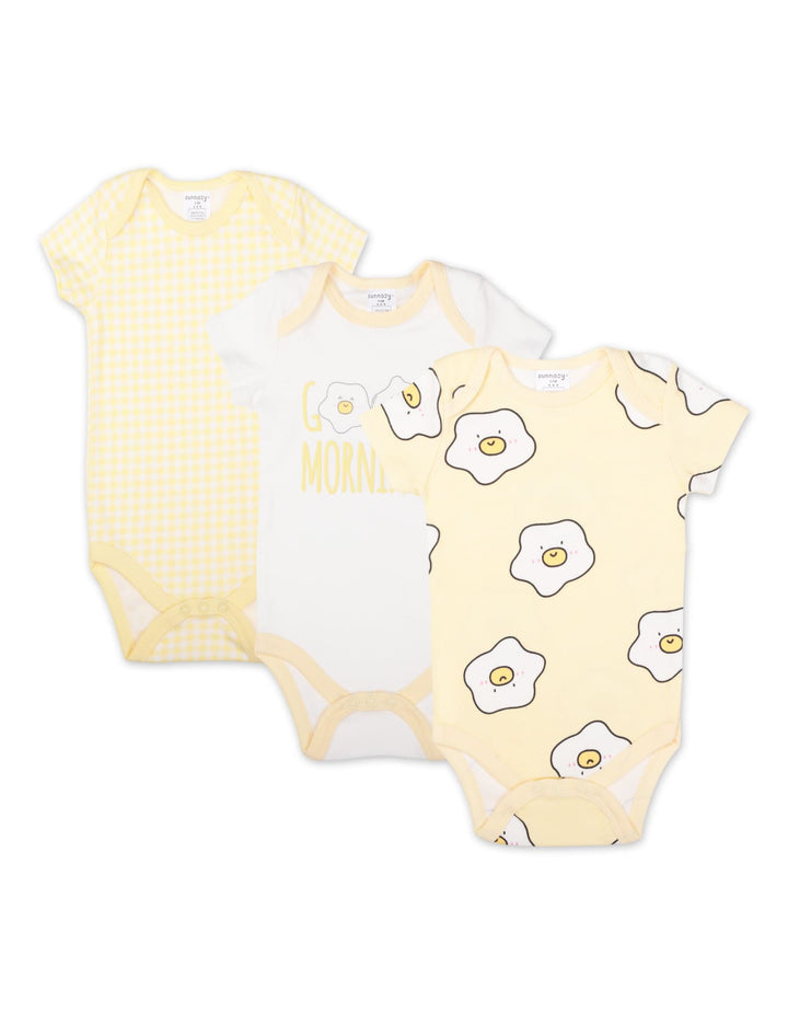 Newborn Short Sleeve Bodysuits Pack of 3 Good Morning! Yellow and White at Zubaidas