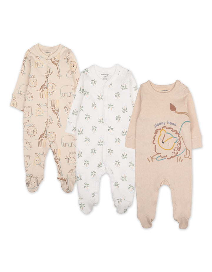 Newborn Sleepsuit Pack of 3 Lion Beige at Zubaidas