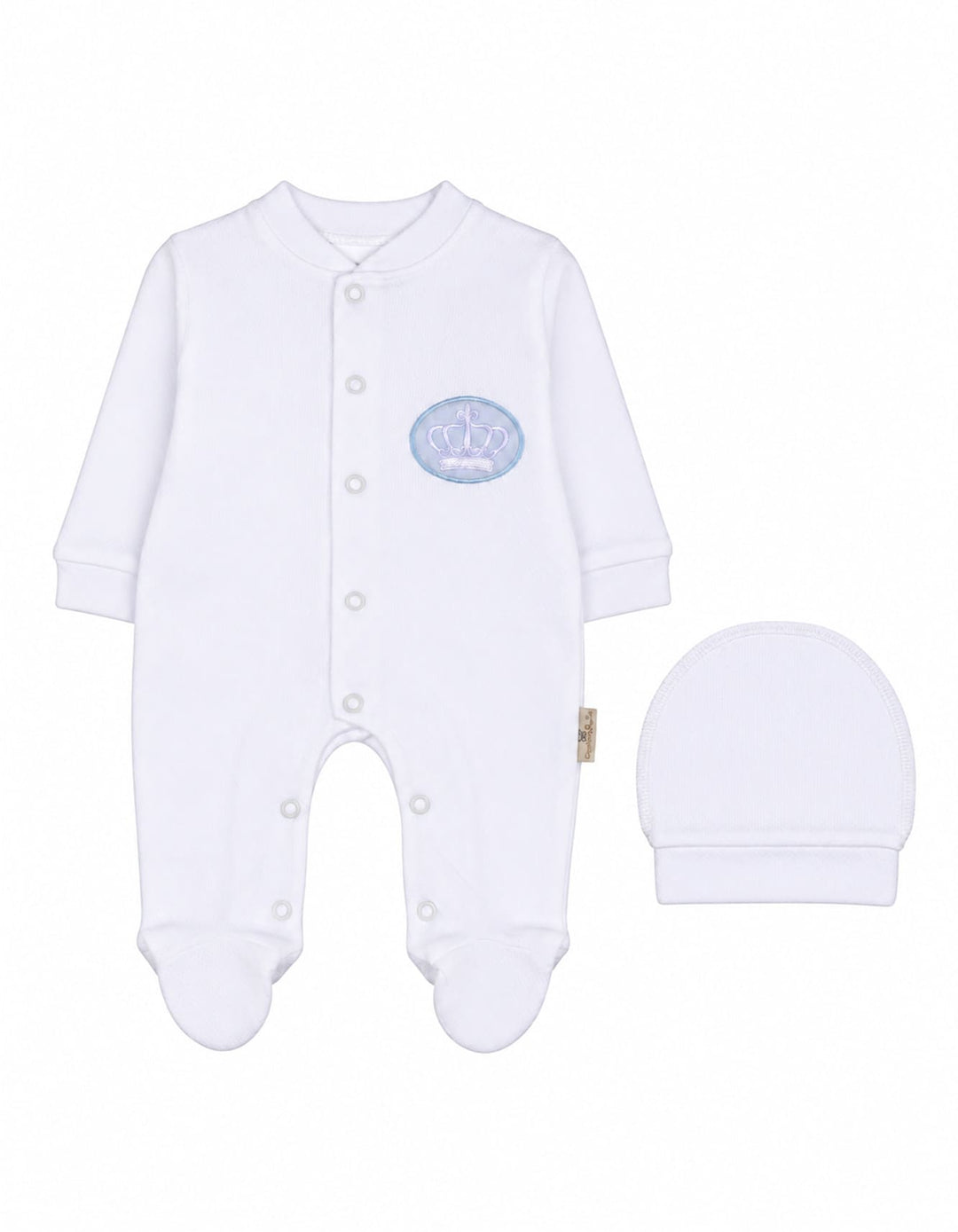 Newborn Boys Winter Romper with Cap Crown Applique White at Zubaidas