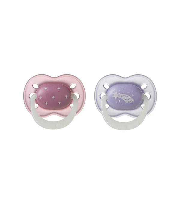 Tommee Tippee Baby Girl Night Time Silicone Pacifier 0-6M Pack of 2 TT 458820 at Zubaidas
