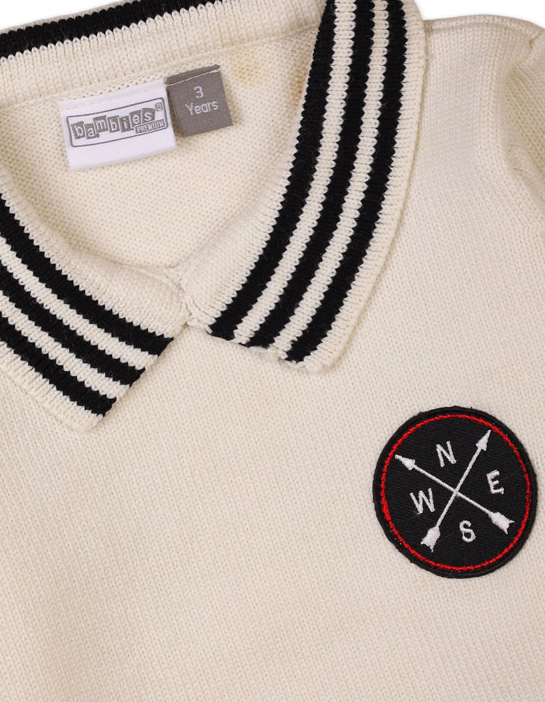 Warm Cream Boys Pullover Sweaters Bambies Striped Cuffs and Collar at Zubaidas Pakistan